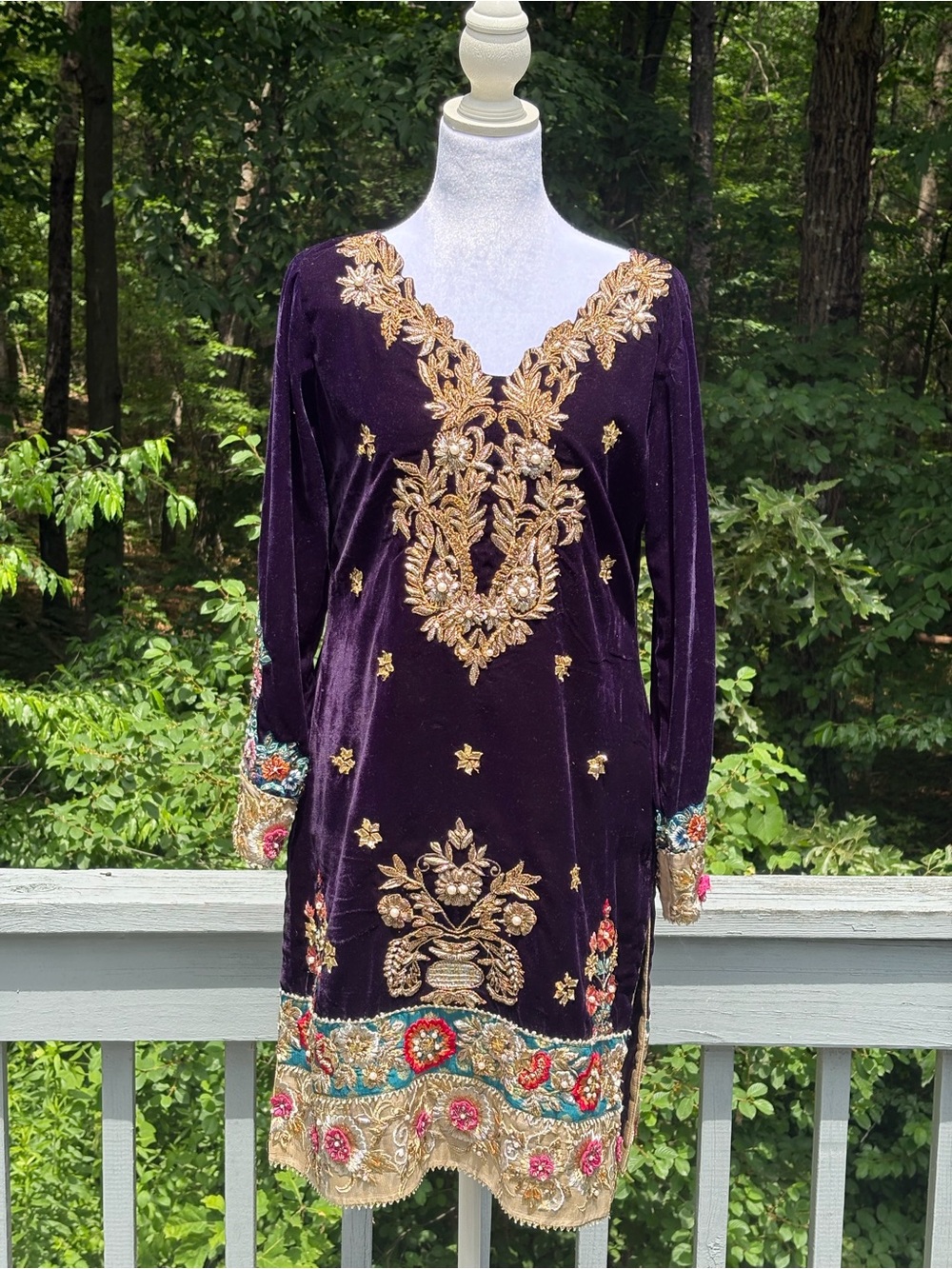 Designer Purple Embroidered Velvet Women's Dress/Shirt with Gold Accents